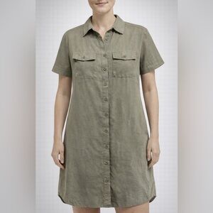 J Crew Linen Women’s Utility Shirt Dress Green Button Front Short Sleeve Size M